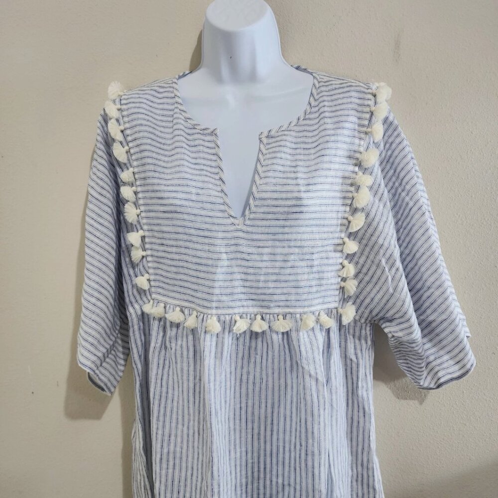 Tory Burch Women's XS Striped Tassel Midi Caftan MSRP $328 Dress In Ivory Blue - Picture 14 of 14